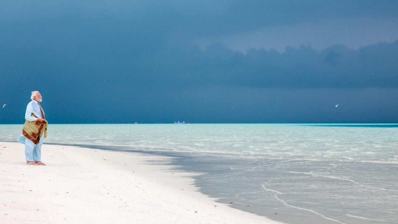 PM Narendra Modi during his visit in Lakshadweep. Pics/PTI and X