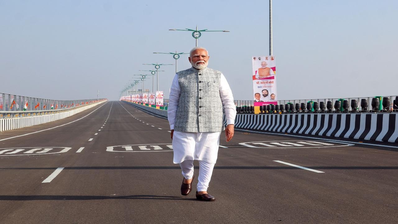 Prime Minister Narendra Modi at the newly-inaugurated Atal Bihari Vajpayee Sewri-Nhava Sheva Atal Setu, on Friday, Jan. 12, 2024. PTI Photo