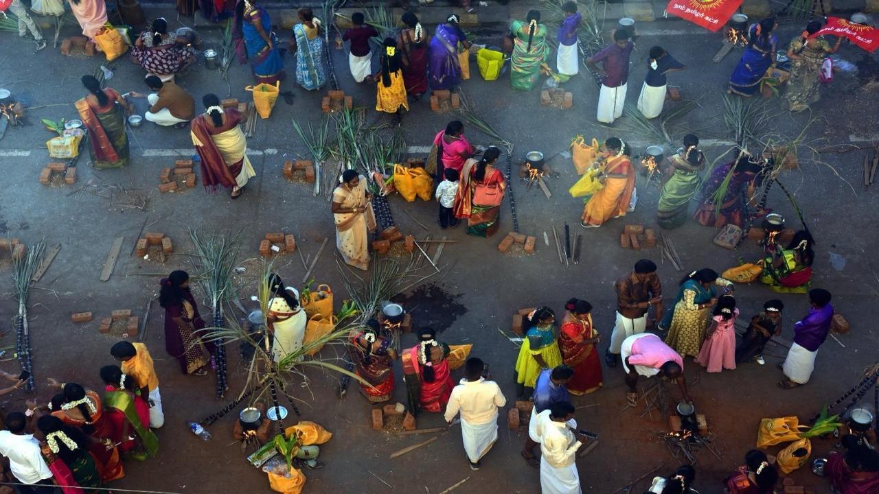 Tamil Hindu women offer prayers as they cook special food to celebrate the harvest festival of Pongal at Dharavi, one of the world's largest slums, in Mumbai, Monday, Jan. 15, 2024. Pic/Shadab Khan
