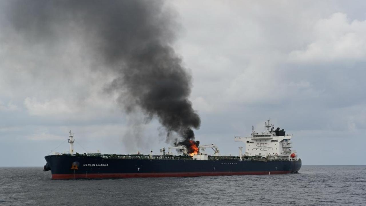 INS Visakhapatnam responds to distress call from British oil tanker on fire with 22 Indian crew on board