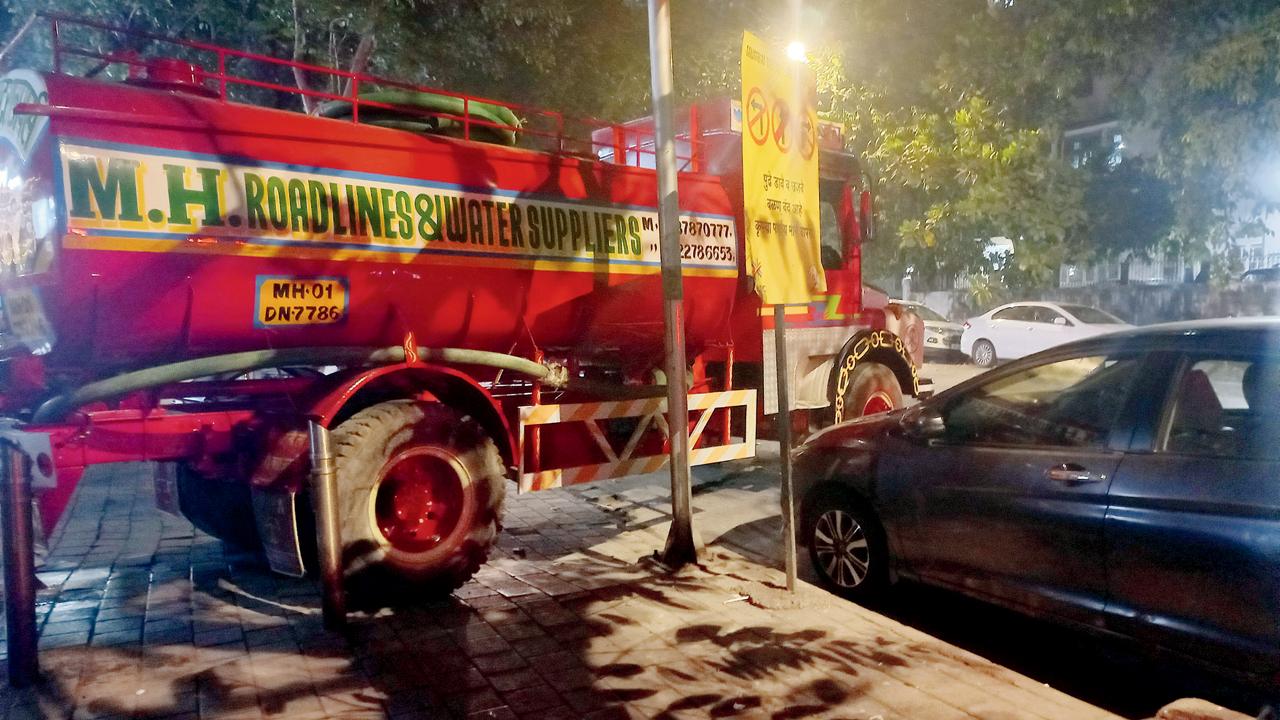The water tanker parked opposite Rajesh Mansion on January 2
