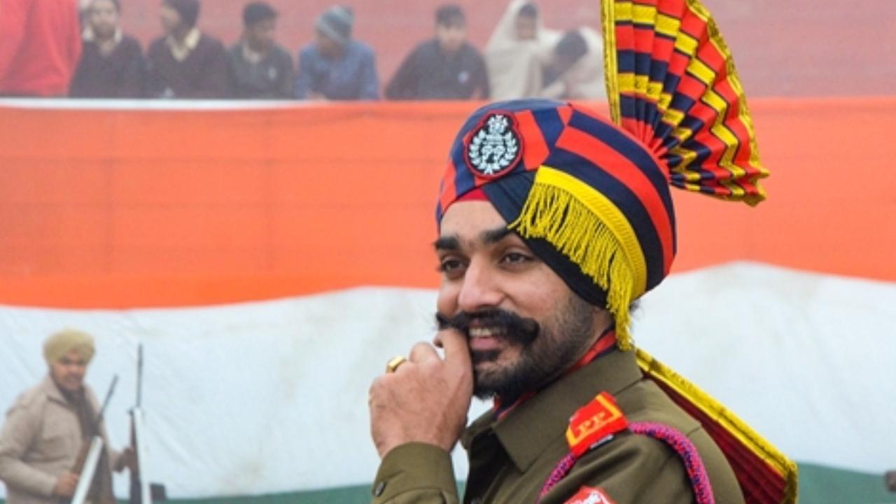 A Punjab Police personnel during the full dress rehearsal in Amritsar