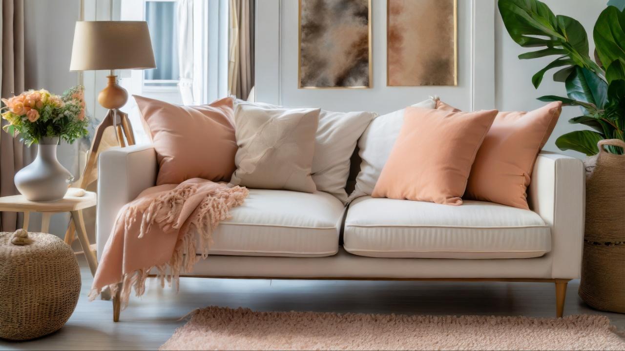 Select artwork, vases, or decor items in Peach Fuzz to sprinkle the colour throughout the space. This approach allows for flexibility and easy updates without major changes.  