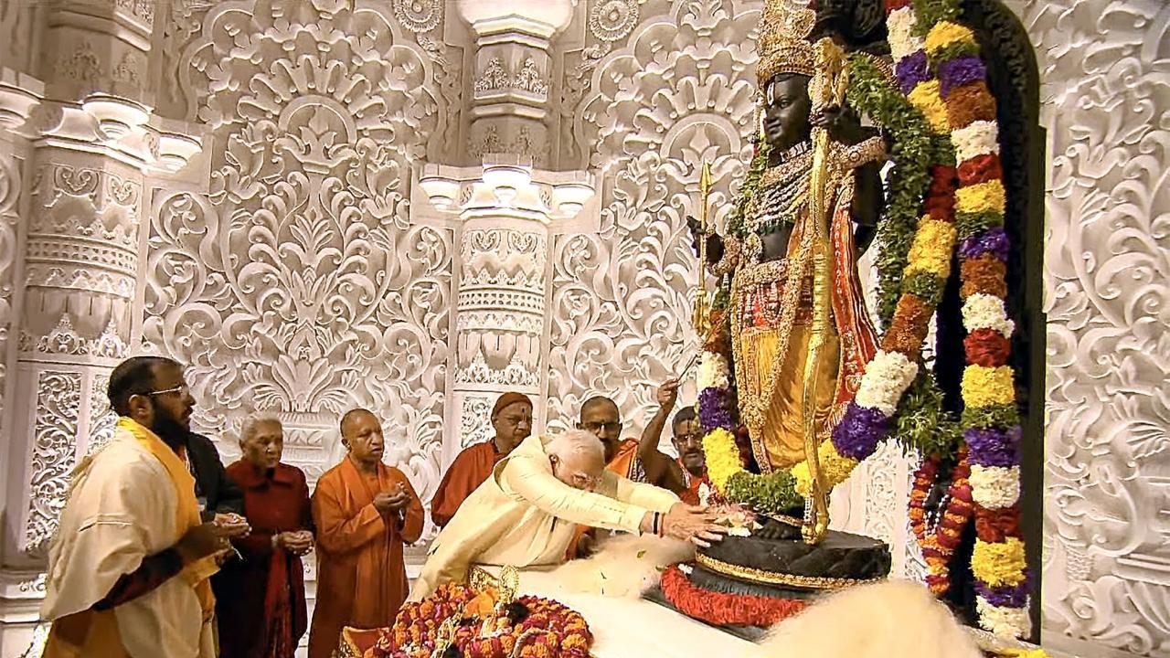 Prime Minister Narendra Modi on Monday performed the rituals of Pran Pratishthan of Ayodhya Ram Mandir and unveiled the idol of Lord Rama which has been carved by a Mysuru-based artist.