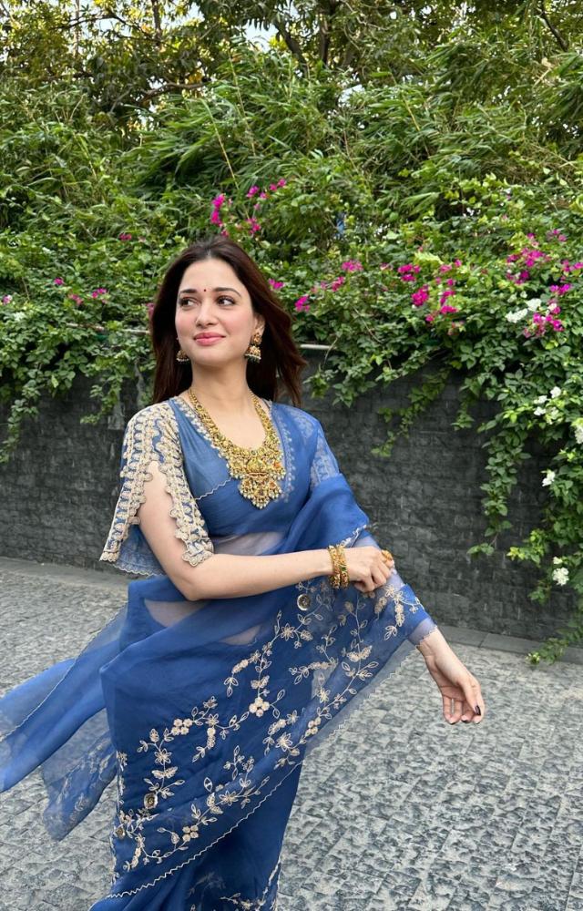 Tamannaah Bhatia looks ethereal in a sheer blue saree with a stunning neck piece