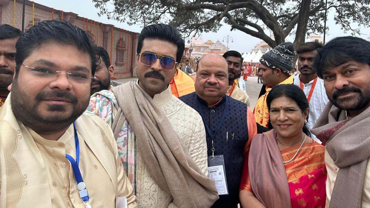 Ram Charan, Chiranjeevi, and Ram's mother pose for a selfie at the Ram Mandir