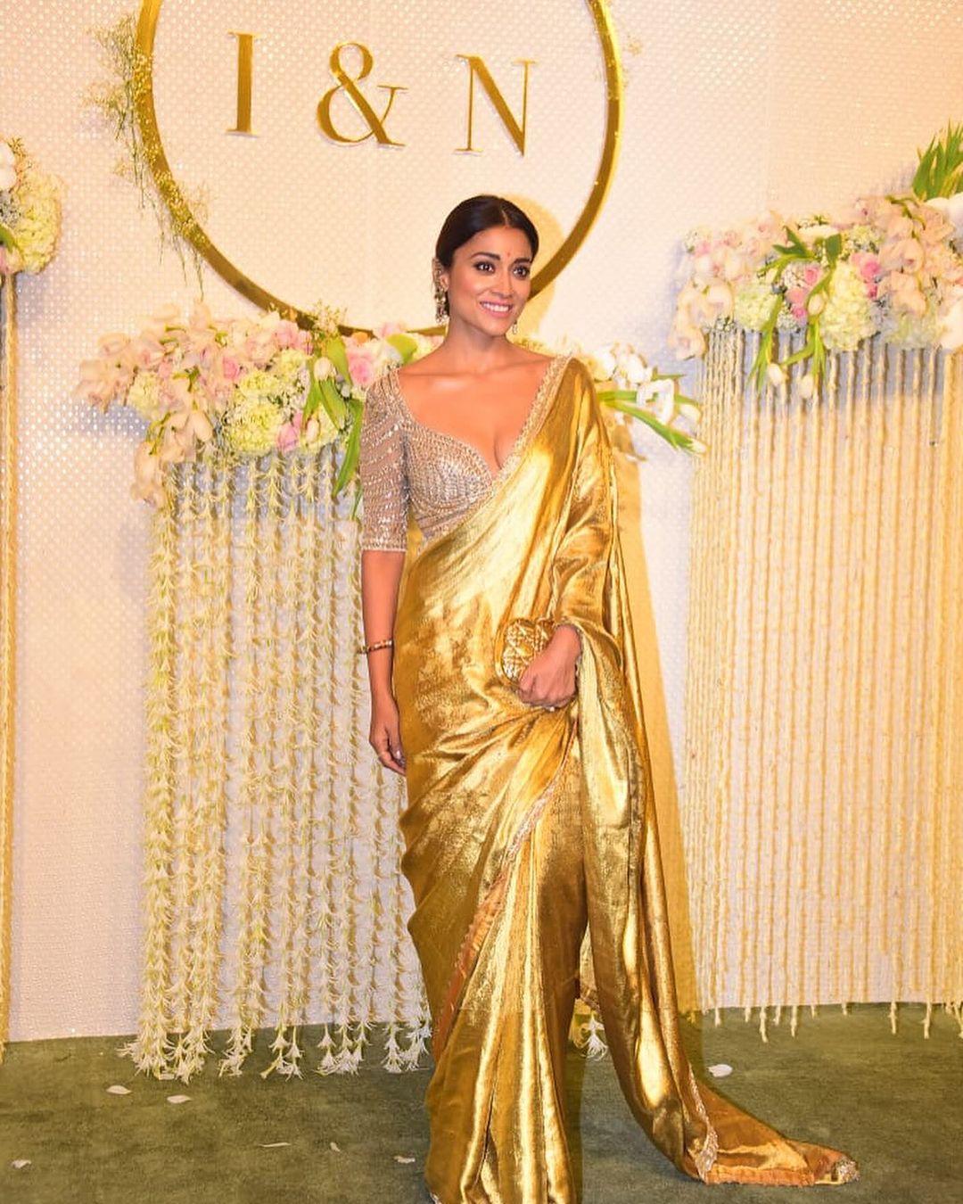 Shriya Saran wore this golden silk saree for Ira Khan and Nupur Shikhare's wedding reception in Mumbai