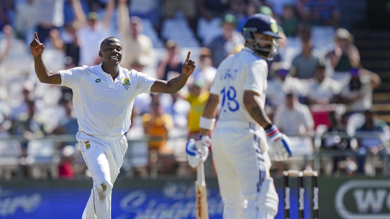 South Africa’s Kagiso Rabada (left) is ecstatic as India’s Virat Kohli is caught in the slips on Day One of the second Test at the Western Province venue yesterday. Pic/PTI