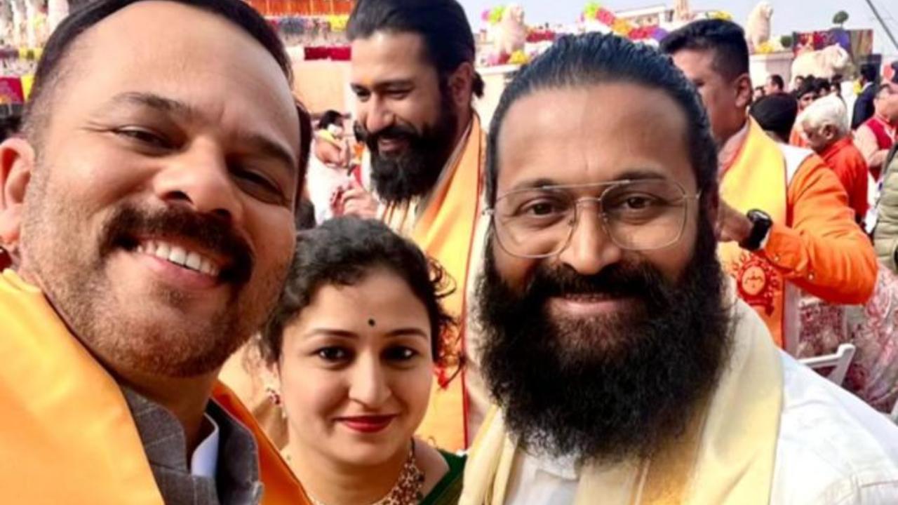 'The Shetty Gang' Rohit and Rishab pose for a picture at Ram Mandir inauguration; Vicky Kaushal photobombs