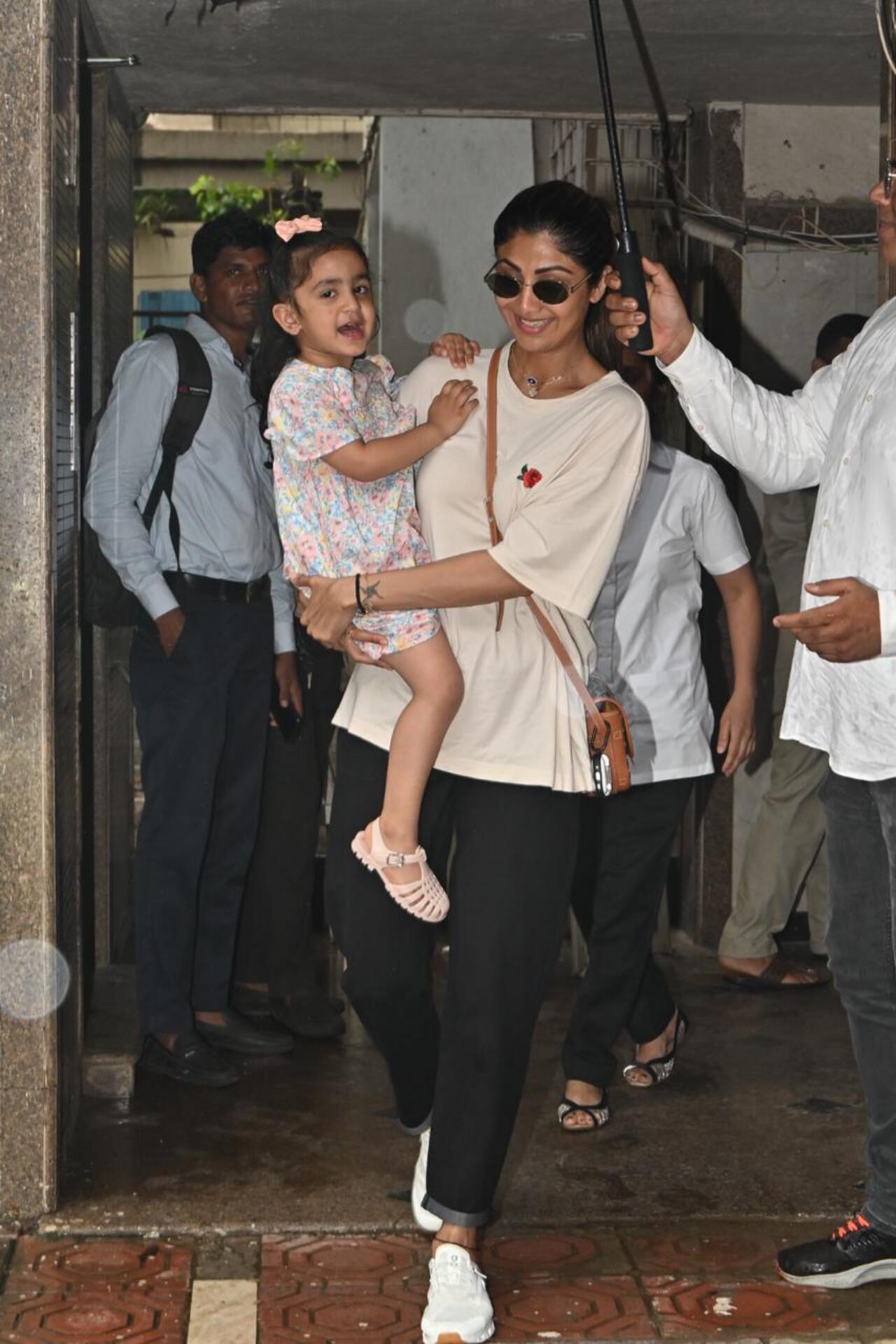 Shilpa Shetty was spotted exiting from a clinic in the city with her daughter in her arms