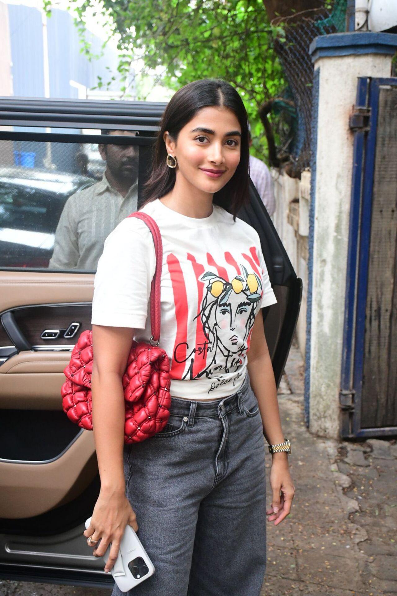 Pooja Hegde was spotted at a dubbing studio in the city
