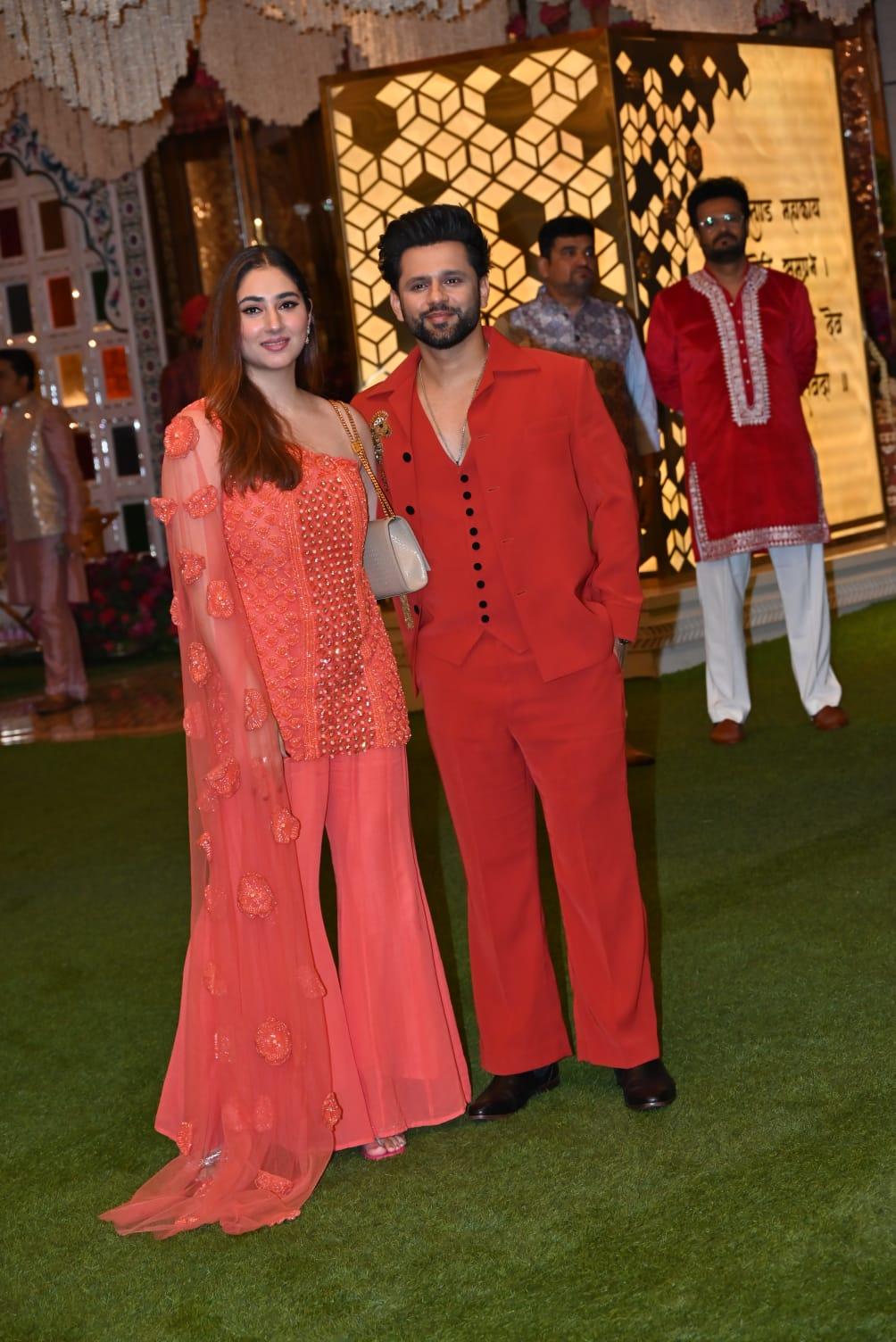 Rahul Vaidya, who reportedly performed at the haldi ceremony, posed with his wife Disha Parmar. The couple opted for coordinated outfits. Parmar's short kurti with a stunning elevated sleeve stole hearts