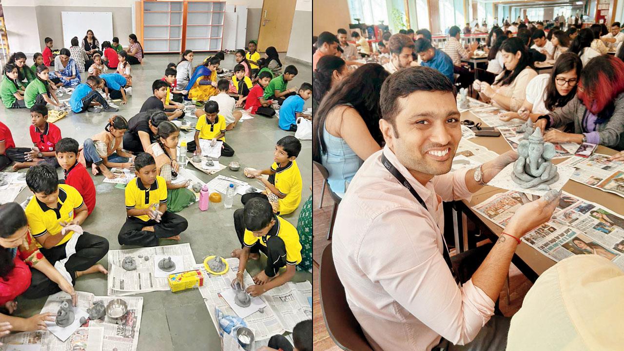 Students craft idols at a workshop (right) an eco-friendly idol made of shadu maati