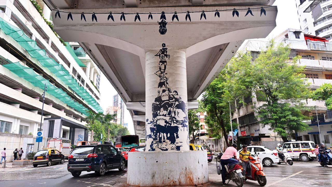 One of our favourites is this mural of a dahi handi pyramid—a quintessential Mumbai moment—at Senapati Bapat Marg, Lower Parel. Pic/Atul Kamble