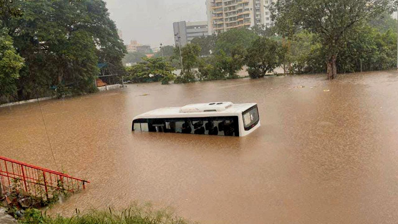 An ambulance submerged in a park in Chinchwad