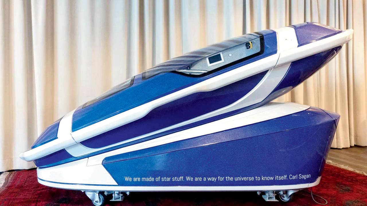 COO of the Last Resort presents the Sarco suicide capsule in Zurich July 17. Pic/NYP