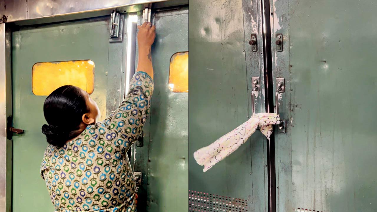 Women latch the door of the compartment (right) The door locked with a dupatta