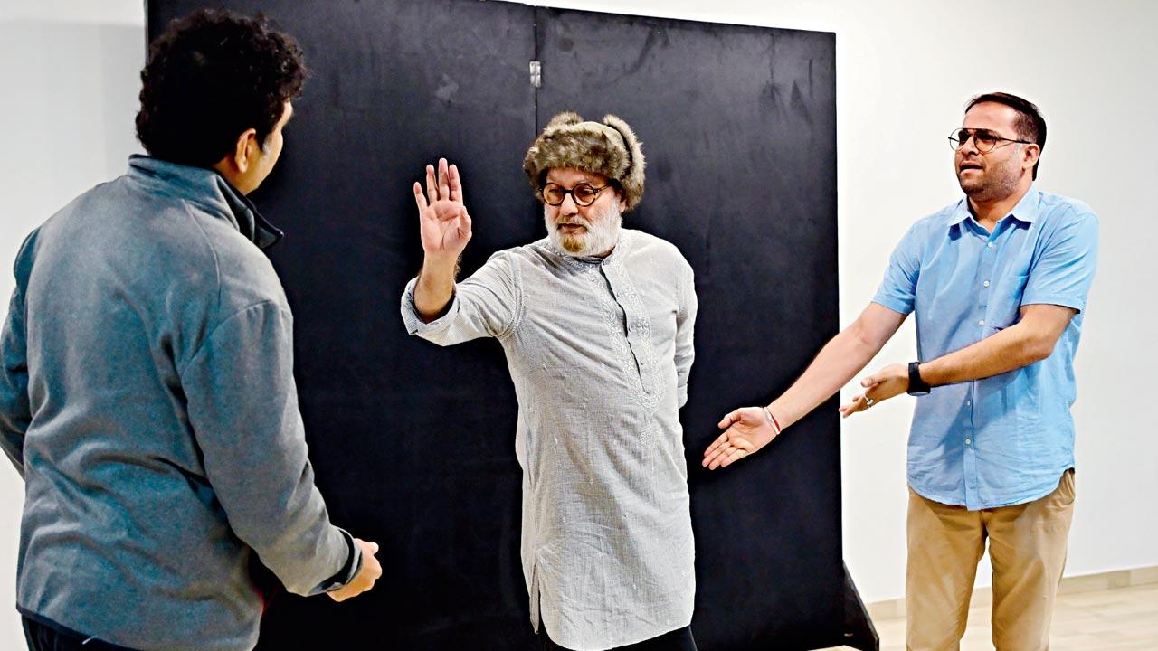 Vinay Pathak (centre) rehearses his lines as the father, Karamjot