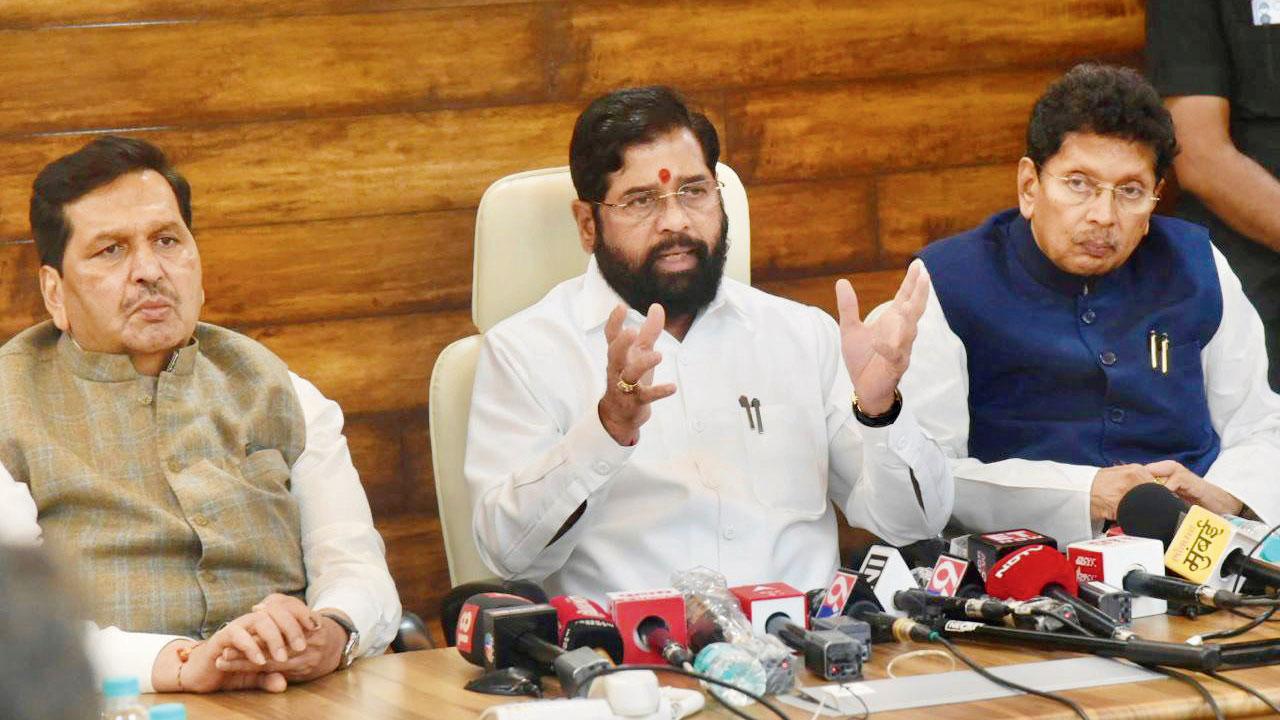 Chief Minister Eknath Shinde addresses media persons at the BMC headquarters on Monday