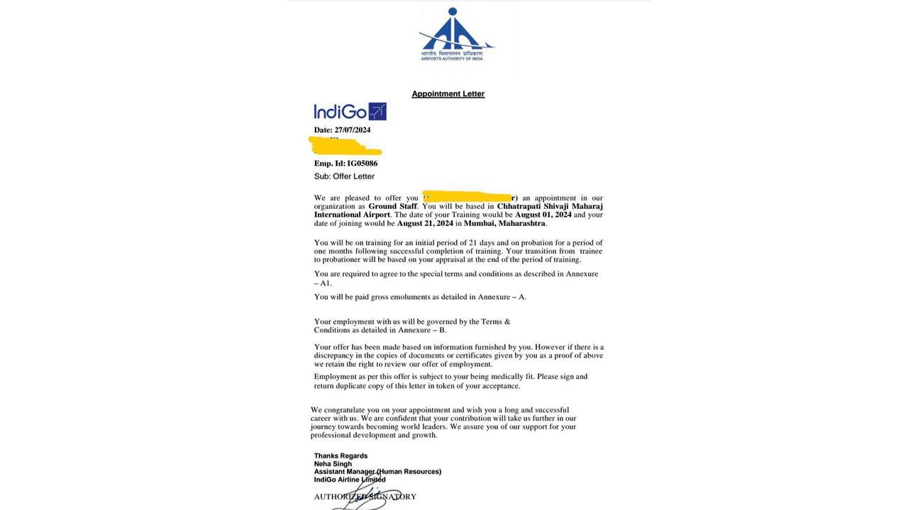 The fake letter on a letterhead of the Airports Authority of India