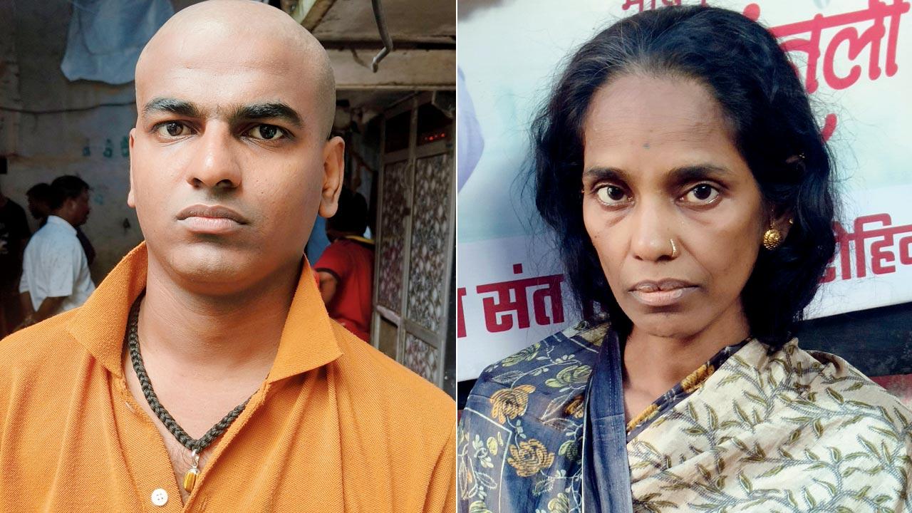 The deceased’s son, Rohidas Waghmare, whose name is tattooed on his body, and wife, Manisha, in front of a poster of her husband