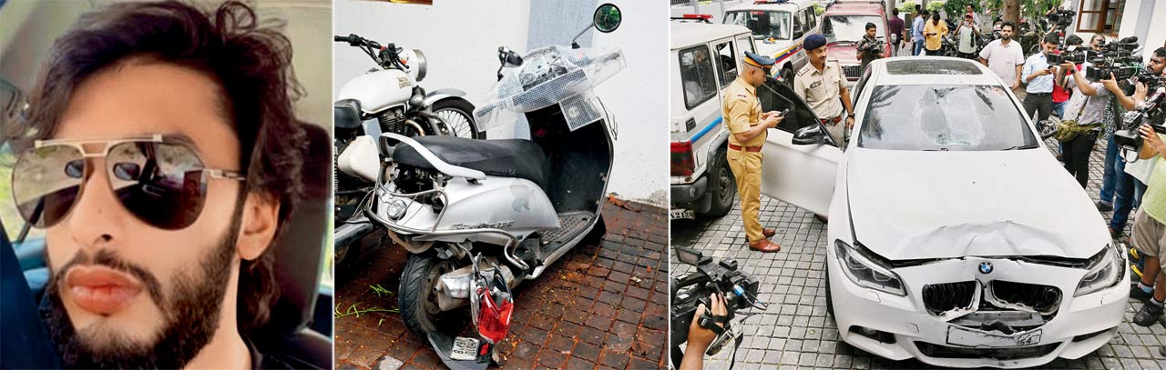 Mihir Shah was allegedly driving a BMW (far right) under influence when it hit Kaveri and Pradeep Nakhwa’s two-wheeler