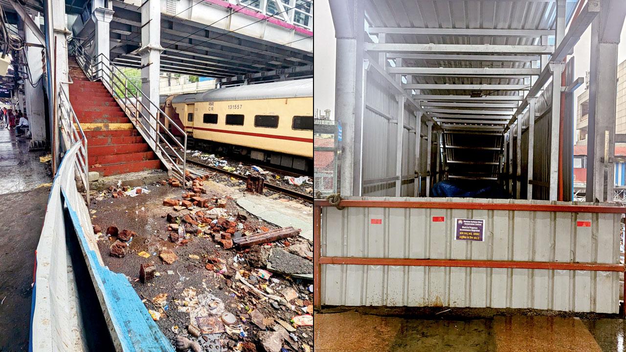 An under-construction staircase (right) Platforms 2 and 3 where escalator work is ongoing