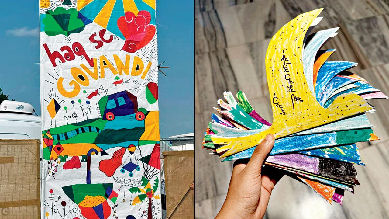 The artwork is exhibited at the festival (left) the paper birds with the messages