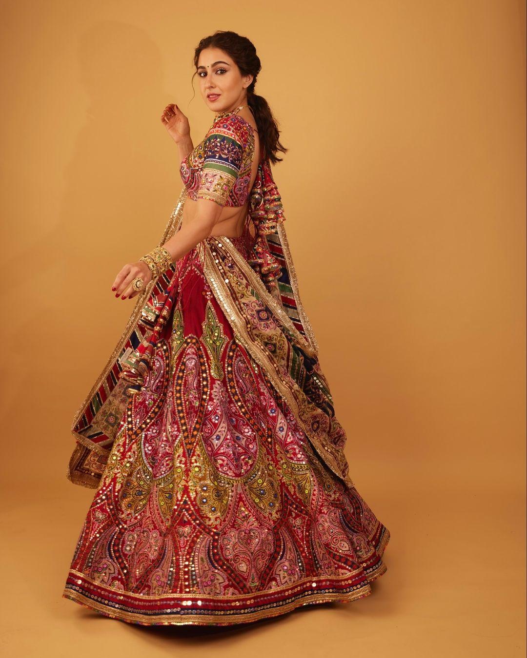Sara Ali Khan attended Anant and Radhika's haldi ceremony. The actress stunned in a beautiful embroidered multi-coloured lehenga