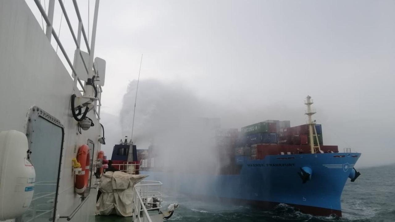 According to the coast guard,  firefighting was in progress to avert ecological disaster and ensure the safety of the vessel and crew