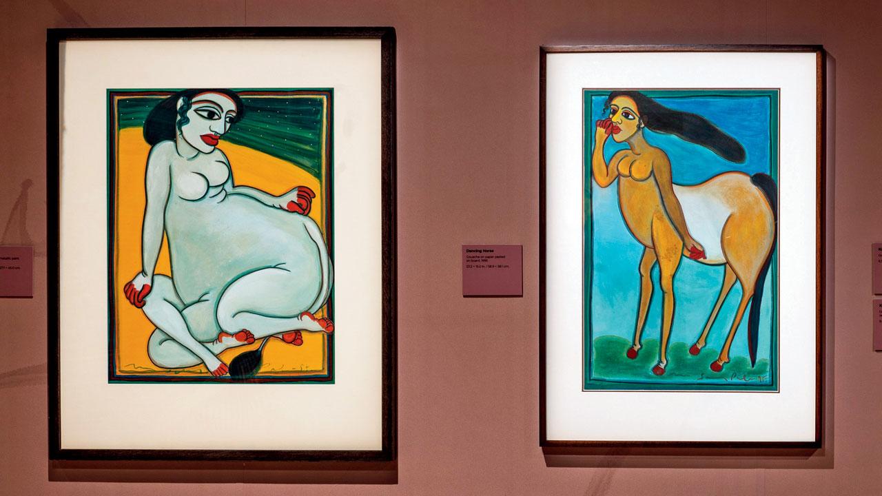 (From left) Kamdhenu, 1995; gouache and metallic paint on paper