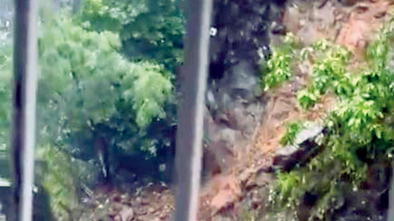 Landslide at Gilbert Hill in  Andheri. Pic/X