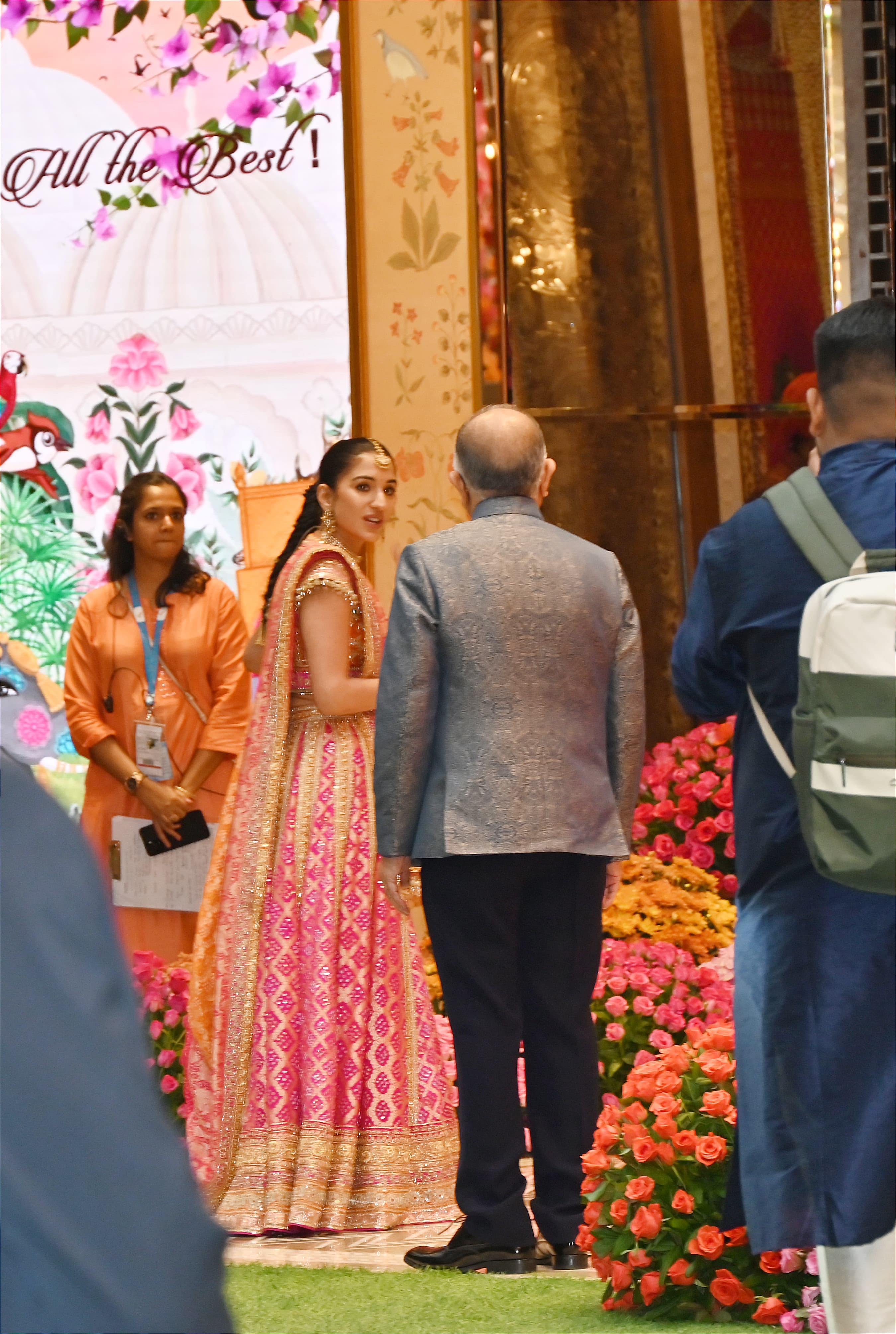 We spotted the bride, Radhika Merchant, who was wearing a pink outfit with her hair tied in a ponytail.