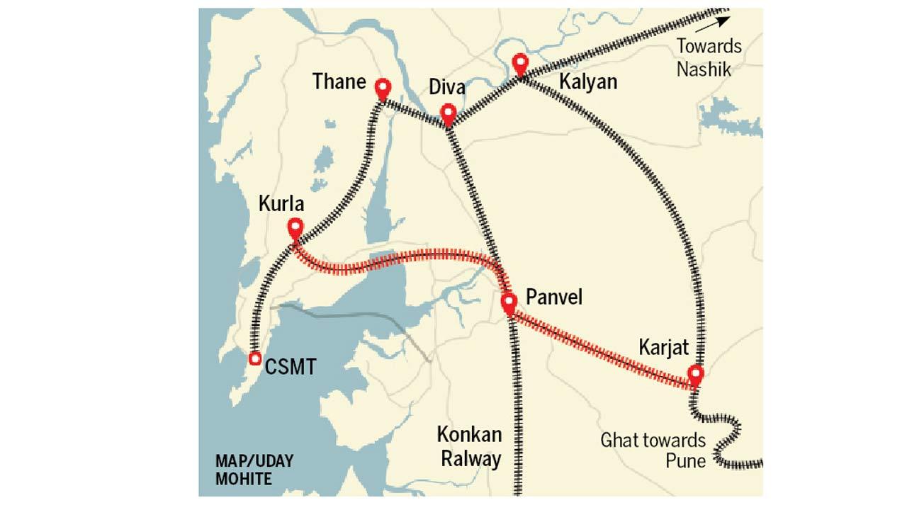Black): The distance between CSMT to Karjat via Kalyan is over 100 km; (Red) Via Kurla and Panvel works out to less than 80 km