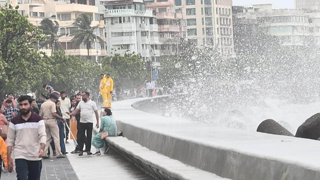 Amid heavy downpour in the city on Saturday, Marine Drive witnessed high tide during the day