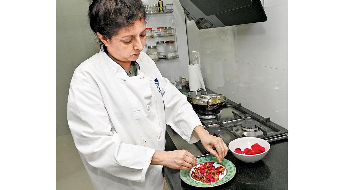 Sweet rose fritters are best enjoyed with a pomegranate and cherry compote and rose cream, says Chef Nandita Desai, who crafted the recipe based on her memories of the rose garden in her childhood home. Pics/Satej Shinde