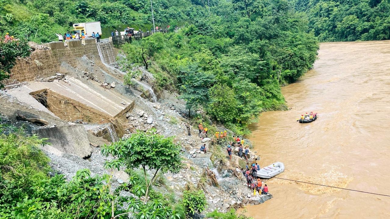 Rescue efforts are underway with over 75 personnel from all three security forces, but heavy rain and high water levels in the Trishuli River are hindering efforts, according to the authorities
