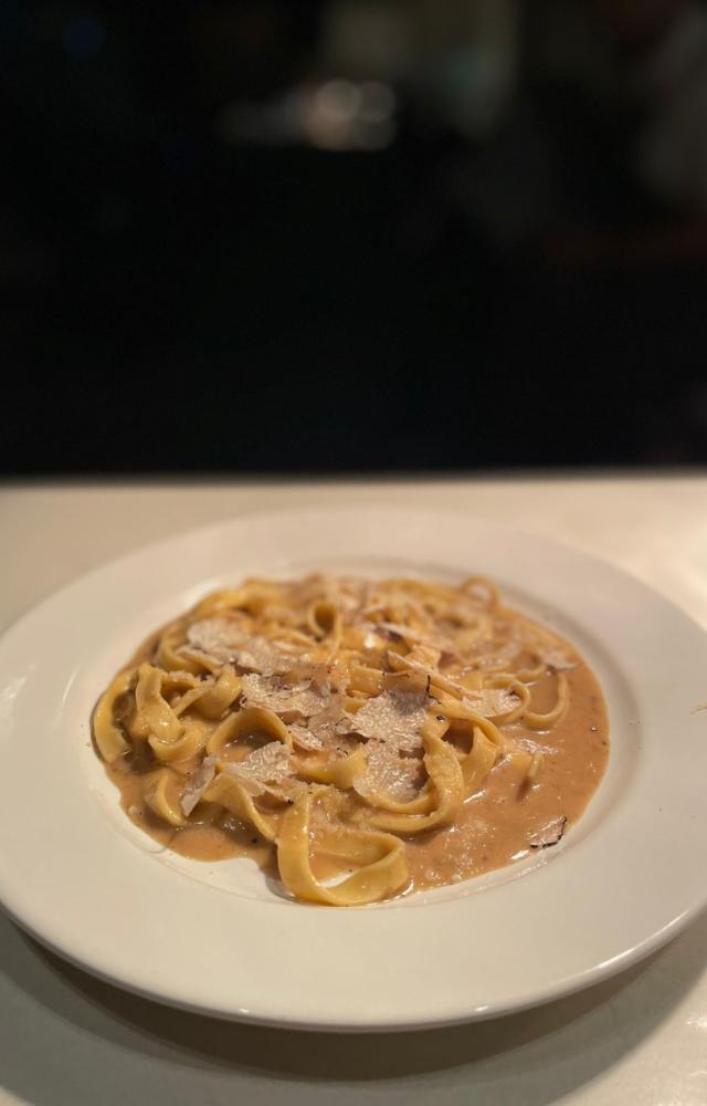 Try not only the rich and creamy egg yolk raviolo with truffle butter, parmesan and shaved truffle but also a tagliatelle