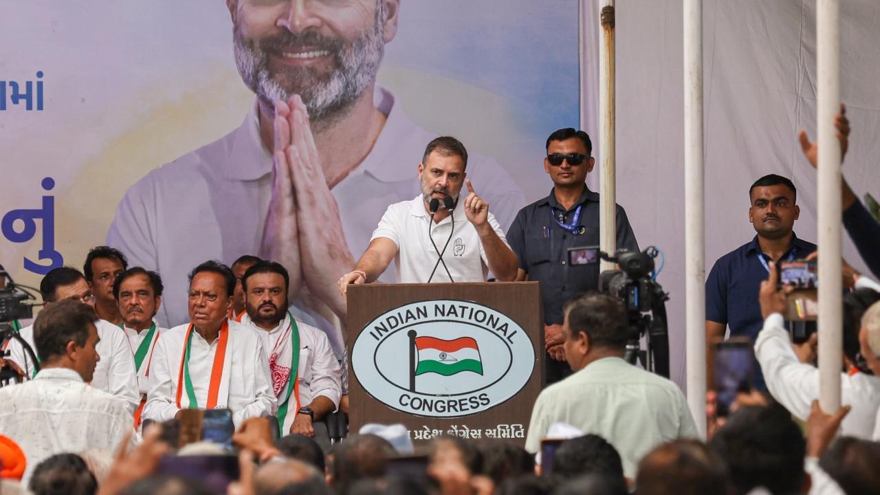 The Congress leader Rahul Gandhi addressed a party workers' in Gujarat's Ahmedabad. Pics/PTI