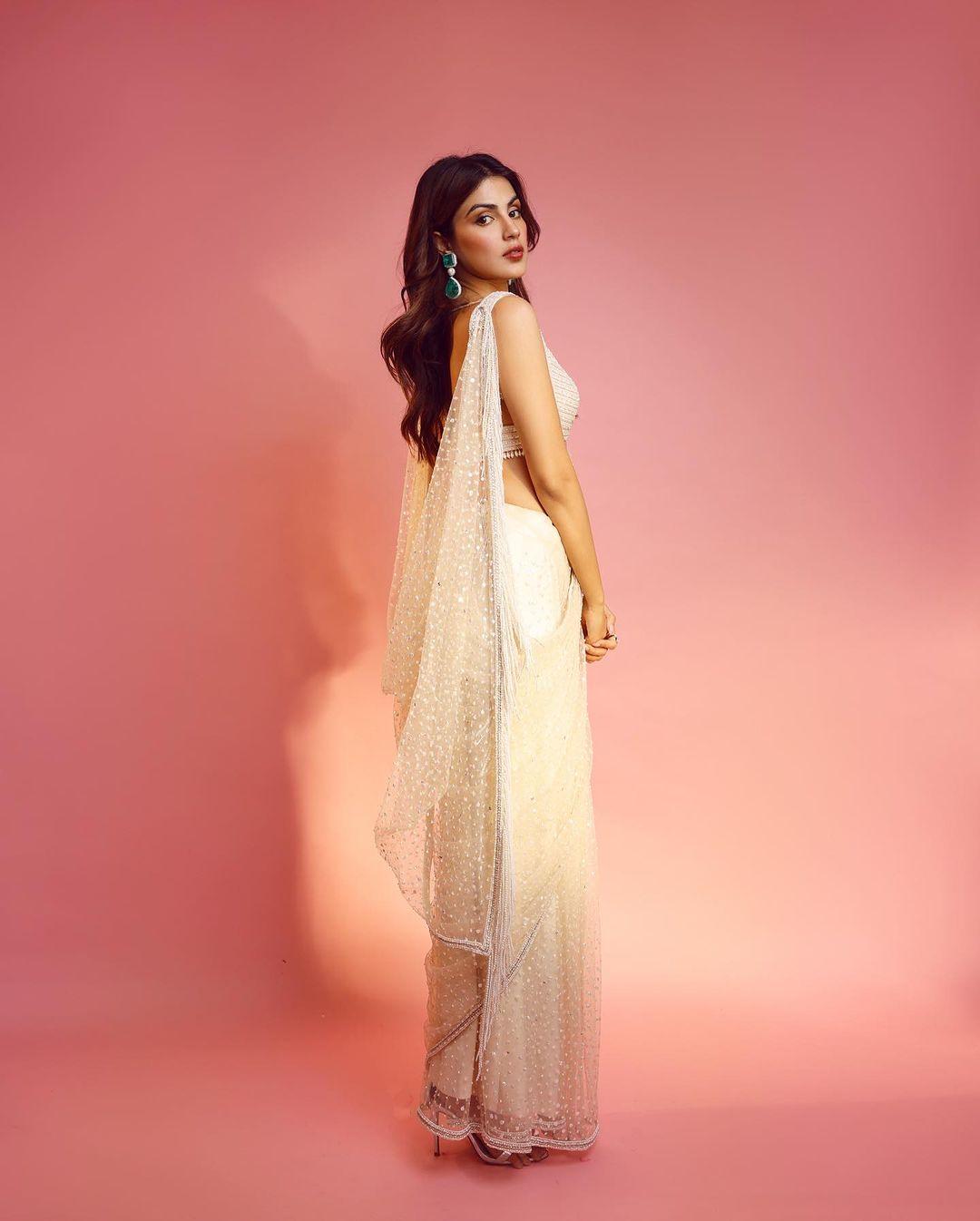 Rhea Chakraborty wore a stunning white saree with beautiful pearls all over it. Are you going to be a bridesmaid? This is what you are looking for