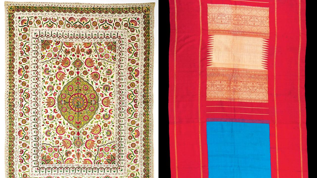 (Left) A spread with the floral medallion pattern; (right) saree from the late 19th to mid 20th century. Pic courtesy/Philadelphia Museum of Art
