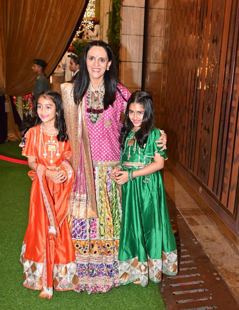 Shloka Ambani's mother was looking stunning in a multicolored ensemble, showcasing her vibrant fashion choice