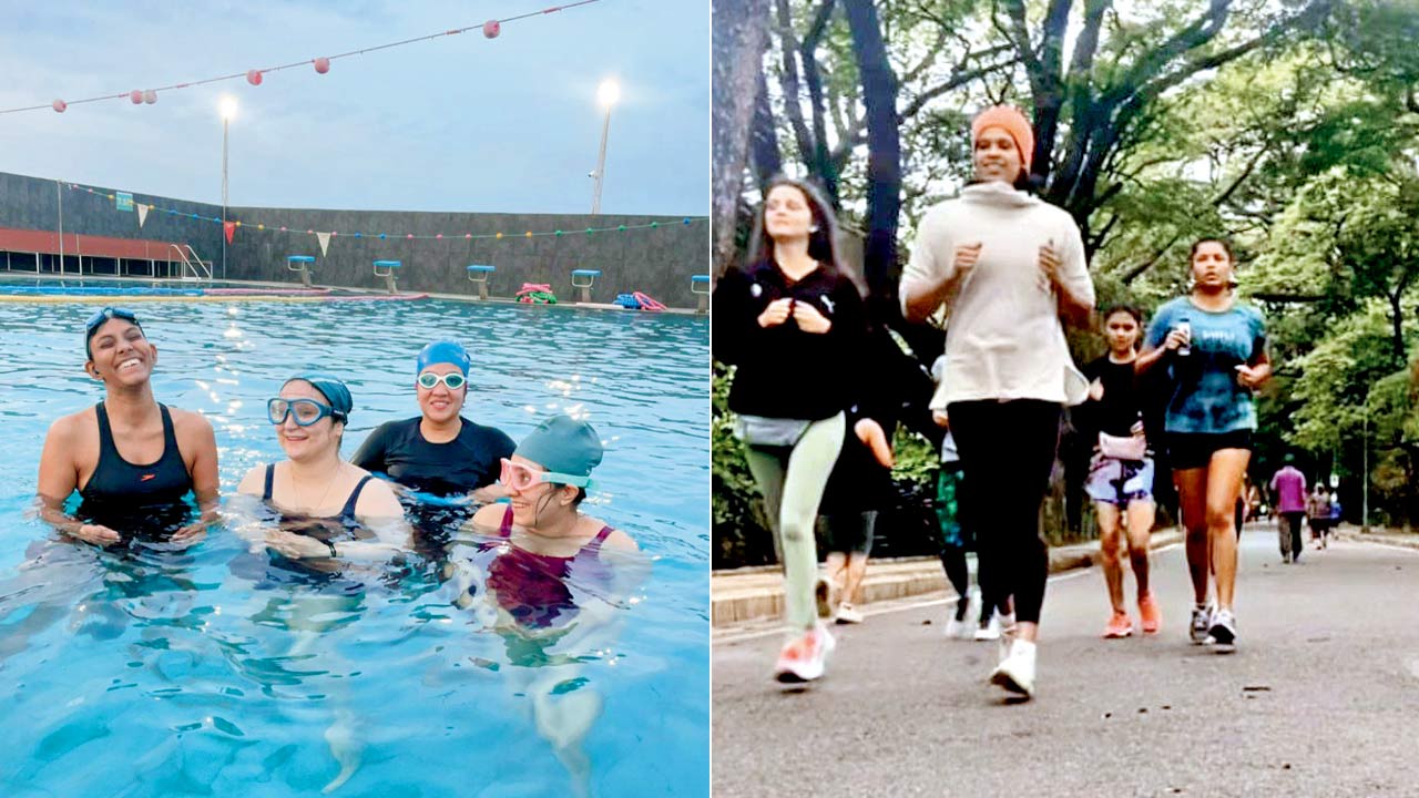 A swim session in progress; (right) The group at an early morning run at Bengaluru’s Cubbon Park 