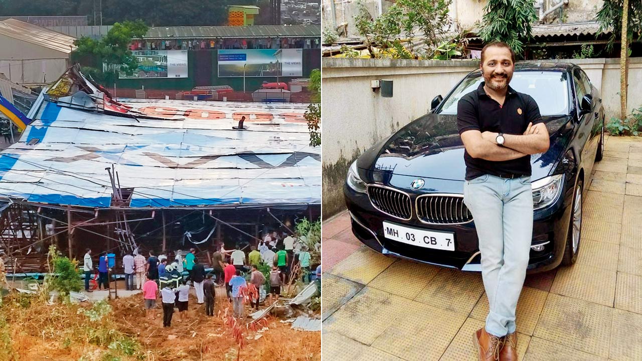 The site of the billboard collapse on May 13. File pic ; (right) Bhavesh Bhinde, head of Ego Media, who is named in charge sheet