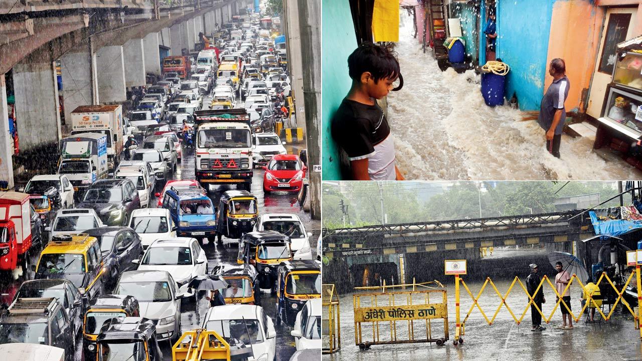 Traffic on the WEH in Santacruz. Pic/Atul Kamble; Water entering the houses near the sea in Bandra. Pic/Atul Kamble; Andheri subway had to be shut on Sunday. Pic/Satej Shinde
