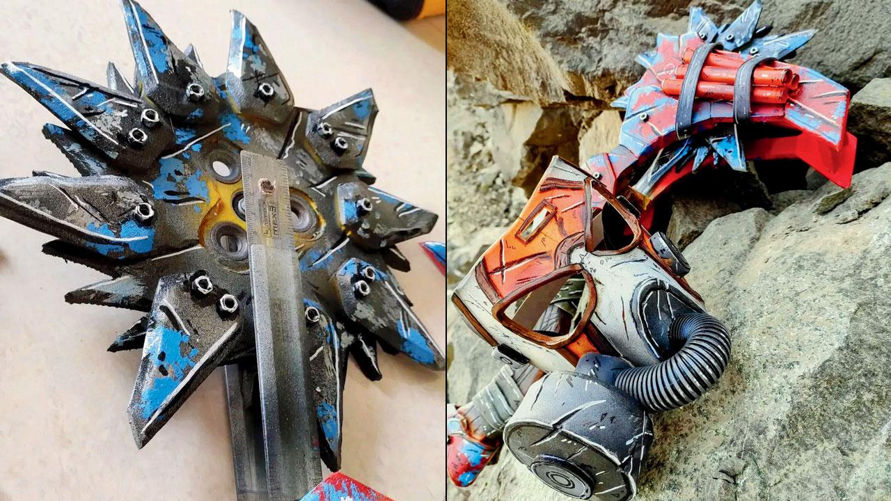 The buzz-axe made using foam and a plastic foot ruler; the mask