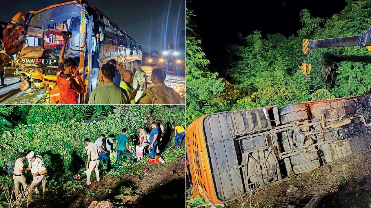 The banged up bus; Police help rescue the survivors; The bus and tractor 