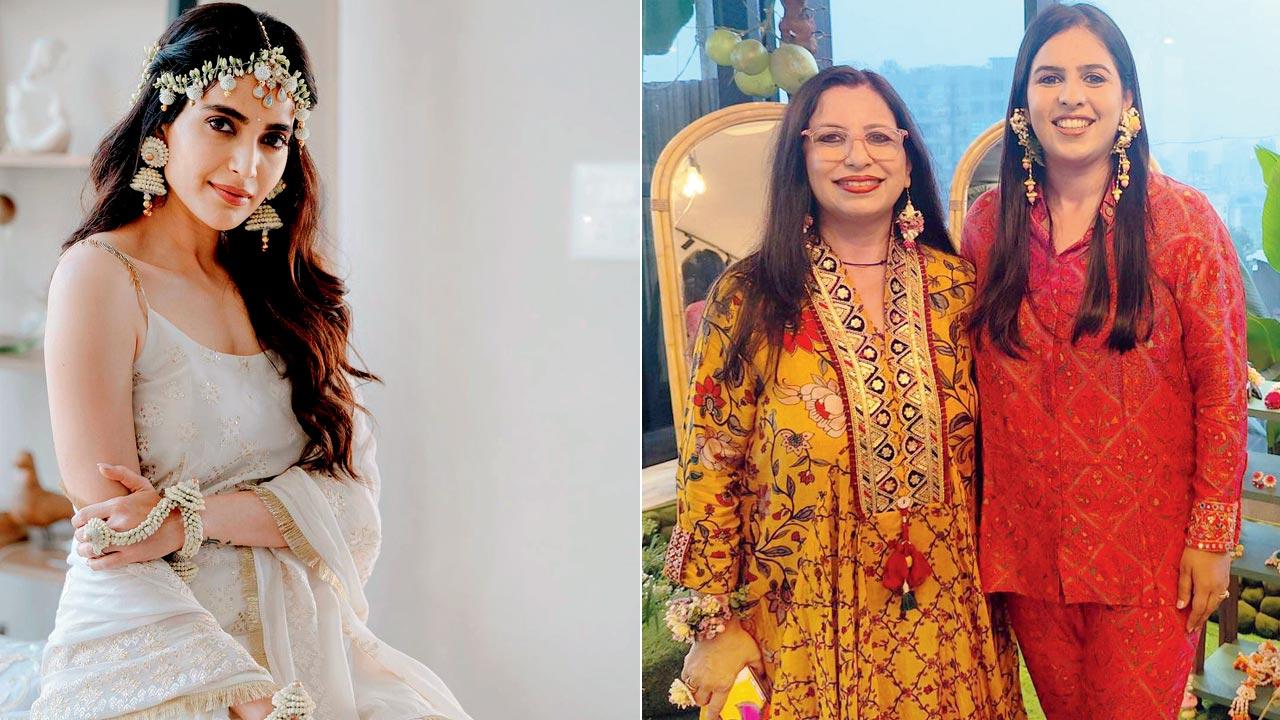 Karishma Tanna with floral jewelry; (right) Kavita and  Srishti Kapur