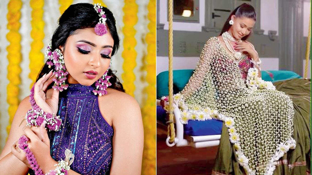 Pair green outfits with yellow or white floral dupatta; (left) floral accessories can elevate the look further