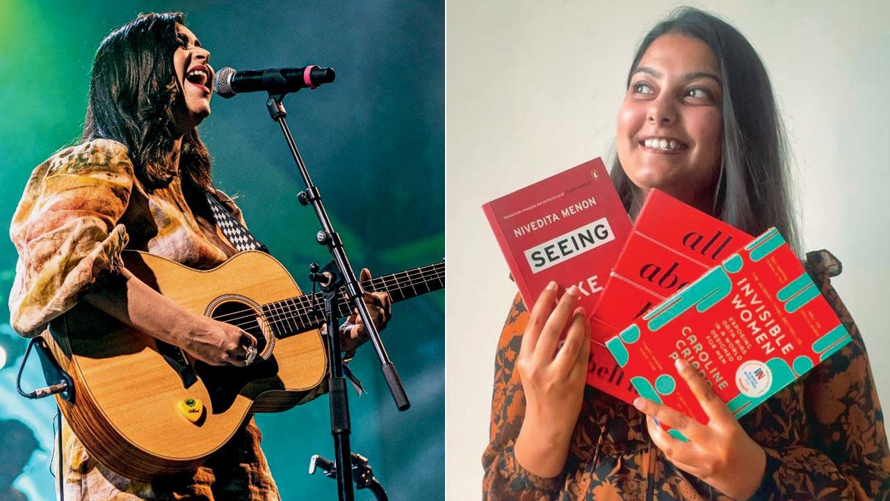 Mumbai based singer and songwriter Kamakshi Khanna performing; (right) Bookstagrammer Surbhi Sinha posing with her book collection